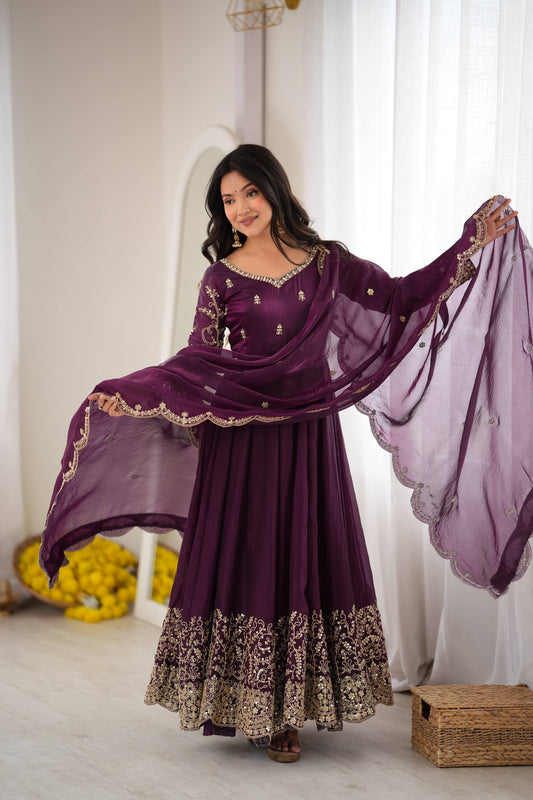 Wine Purple Embroidered Anarkali Gown with Heavy Sequence Work & Designer Dupatta