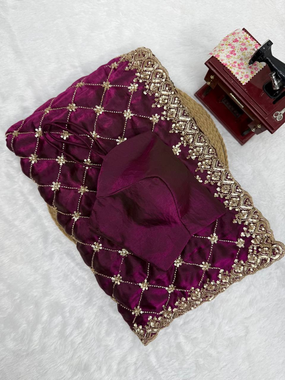Wine Purple Embroidered Saree with Golden Lattice Work & Heavy Border