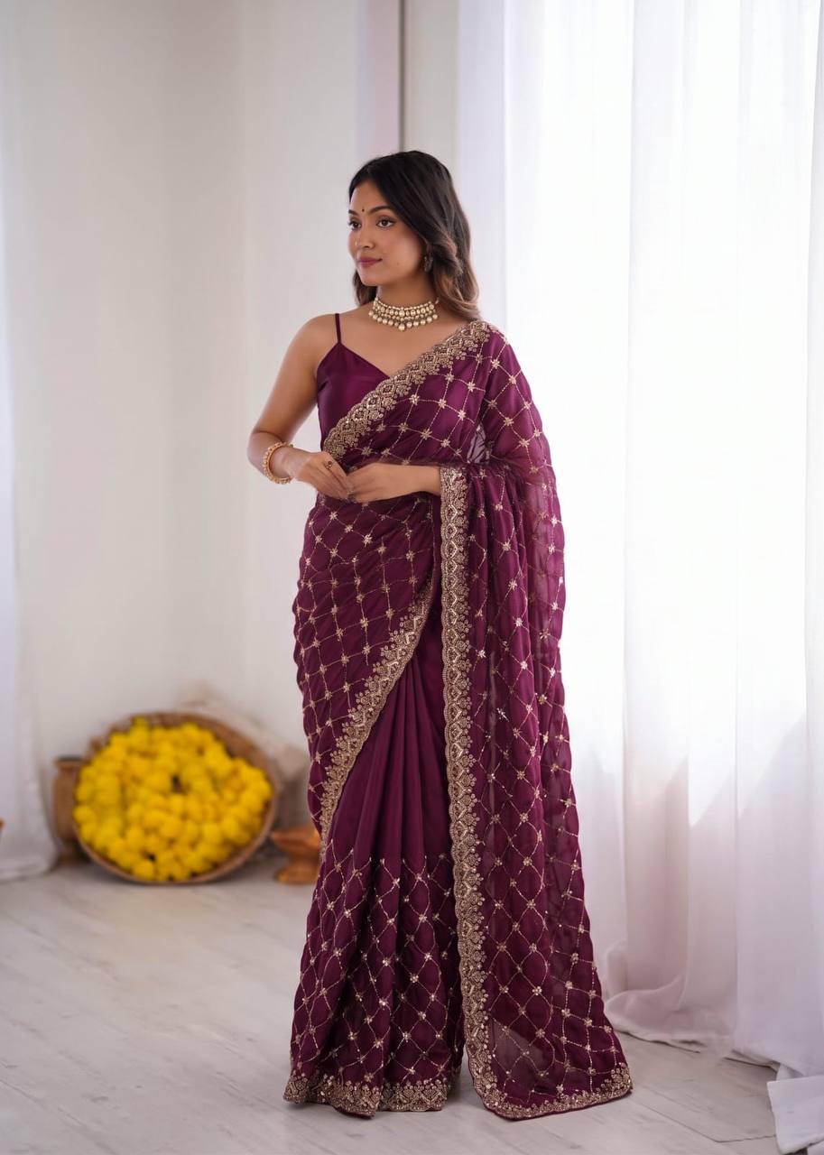 Wine Purple Embroidered Saree with Golden Lattice Work & Heavy Border