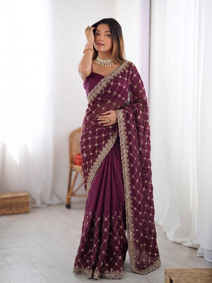 Wine Purple Embroidered Saree with Golden Lattice Work & Heavy Border
