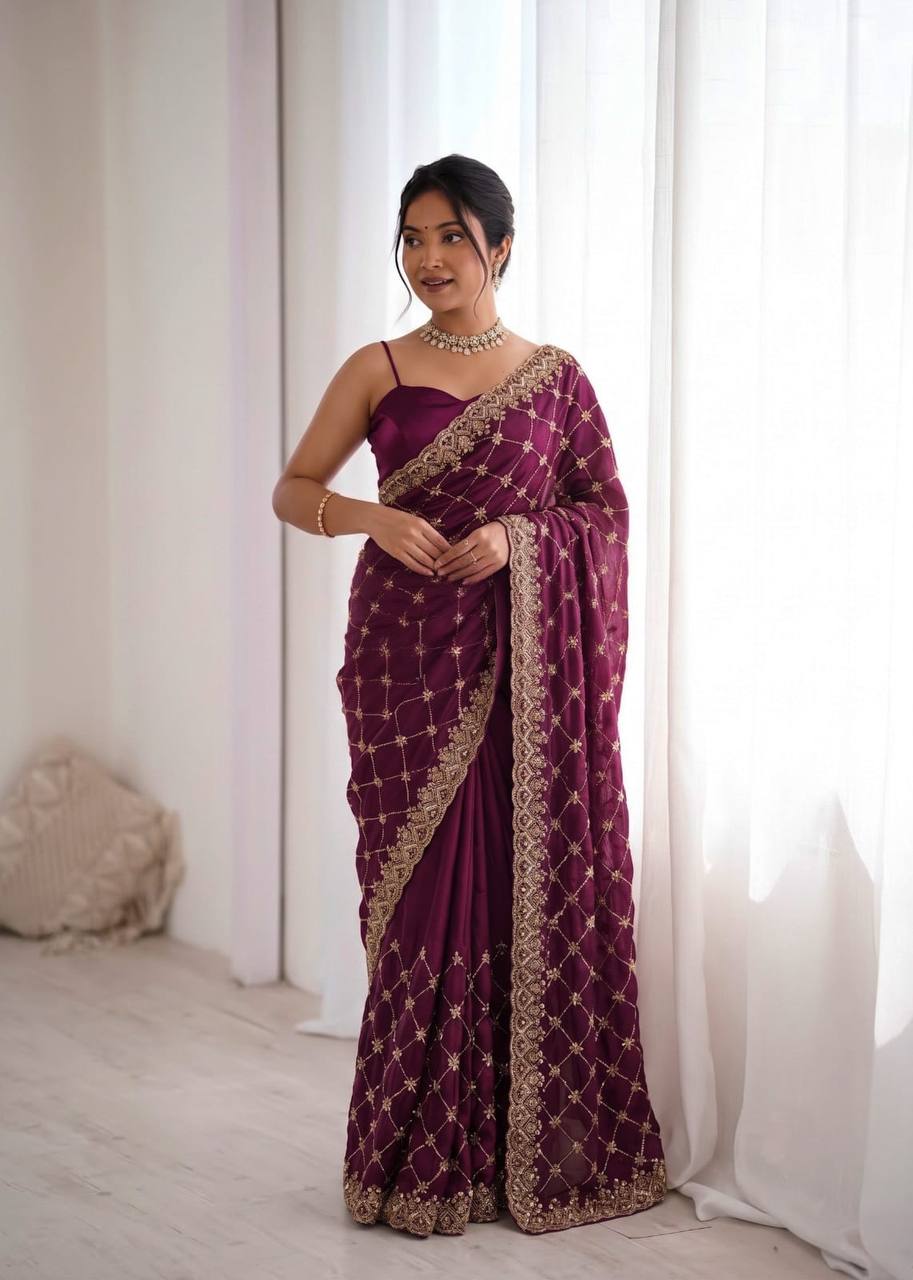 Wine Purple Embroidered Saree with Golden Lattice Work & Heavy Border