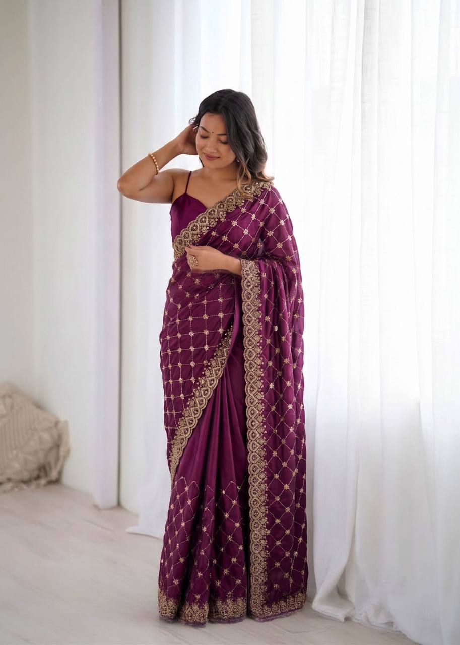 Wine Purple Embroidered Saree with Golden Lattice Work & Heavy Border