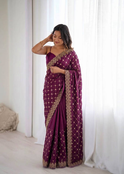 Wine Purple Embroidered Saree with Golden Lattice Work & Heavy Border
