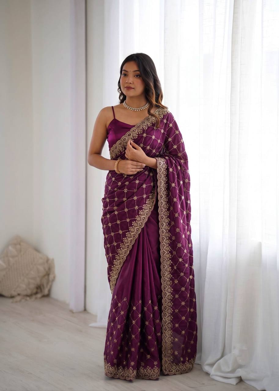 Wine Purple Embroidered Saree with Golden Lattice Work & Heavy Border