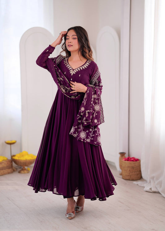 Wine Purple Georgette Anarkali Gown with Khatli Work & Real Mirror
