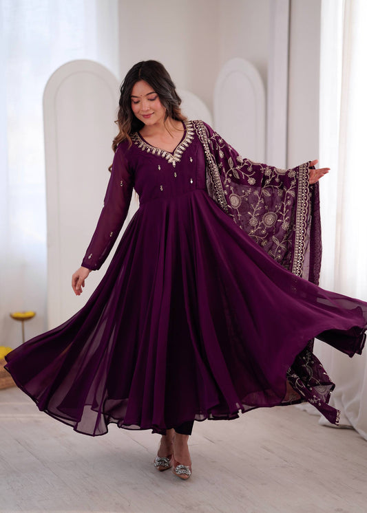 Wine Purple Georgette Anarkali Gown with Khatli Work & Real Mirror