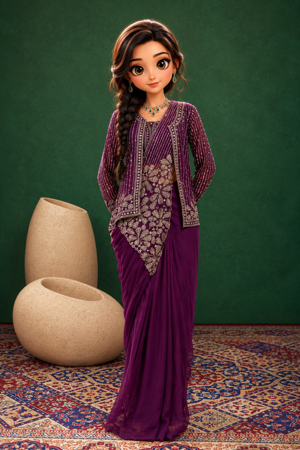 Wine Embroidered Pre-Draped Saree with Zari Work Jacket