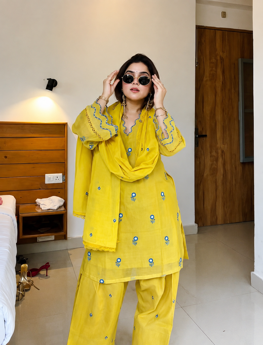 Yellow Embroidered Farshi Plazzo Suit Set with Satin Mul Chandheri Dupatta