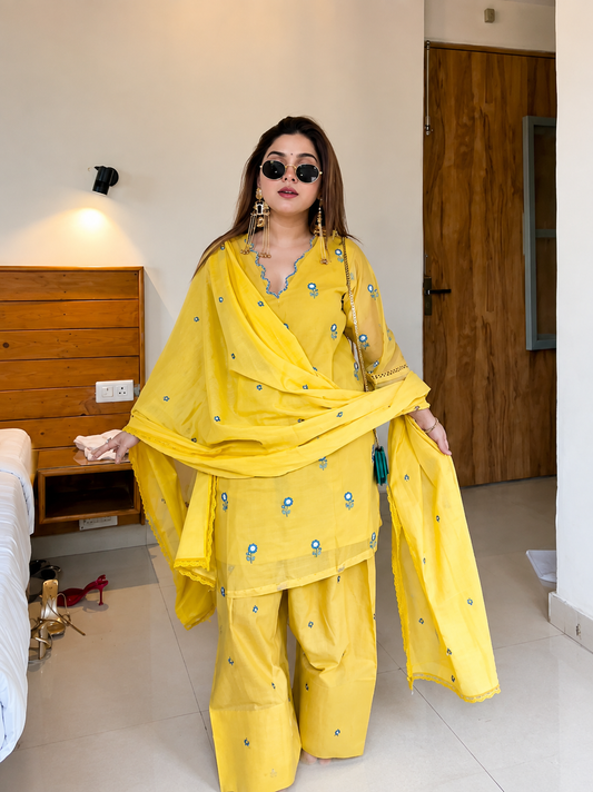Yellow Embroidered Farshi Plazzo Suit Set with Satin Mul Chandheri Dupatta