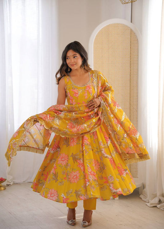 Mustard Yellow Floral Muslin Anarkali Suit with Embroidered Organza Dupatta