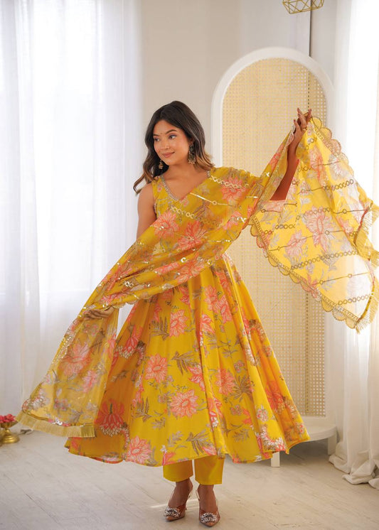 Mustard Yellow Floral Muslin Anarkali Suit with Embroidered Organza Dupatta