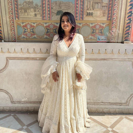 Royal White Lucknowi Chikankari Anarkali Dress with Dupatta
