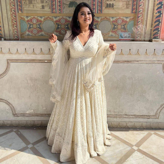 Royal White Lucknowi Chikankari Anarkali Dress with Dupatta