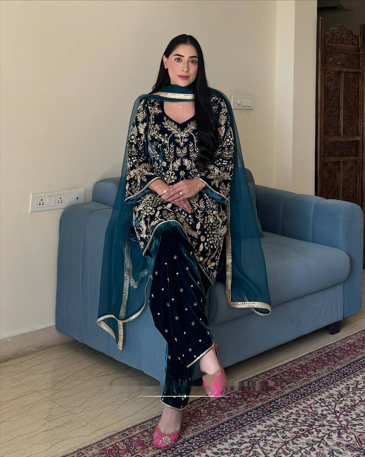 Navy Blue Velvet Punjabi Suit with Heavy Golden Embroidery, Palazzo Pants & Dupatta
