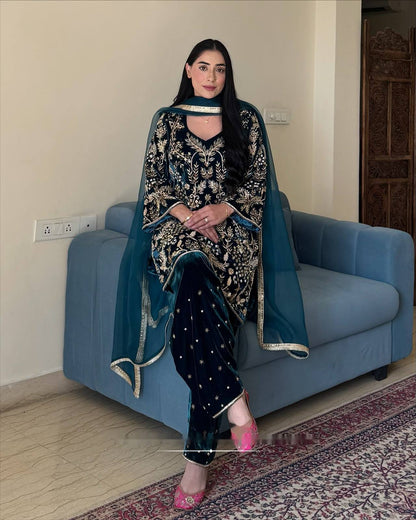 Navy Blue Velvet Punjabi Suit with Heavy Golden Embroidery, Palazzo Pants & Dupatta