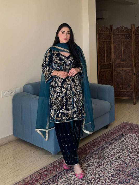 Navy Blue Velvet Punjabi Suit with Heavy Golden Embroidery, Palazzo Pants & Dupatta