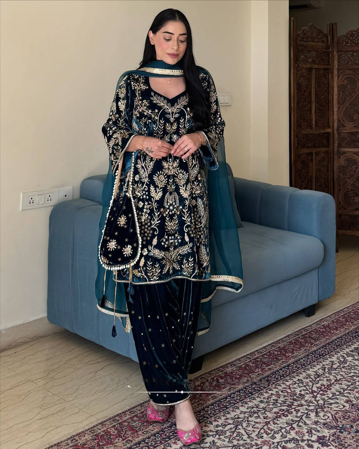 Navy Blue Velvet Punjabi Suit with Heavy Golden Embroidery, Palazzo Pants & Dupatta