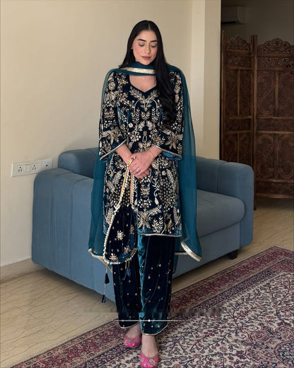 Navy Blue Velvet Punjabi Suit with Heavy Golden Embroidery, Palazzo Pants & Dupatta
