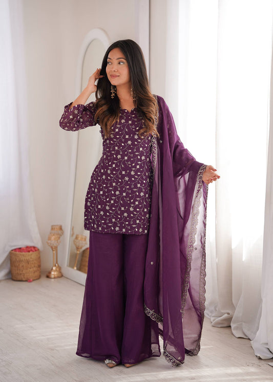 Purple Embroidered Kurti with Bell Bottom Pants & Dupatta