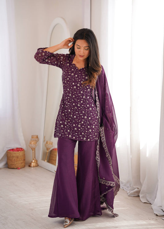Purple Embroidered Kurti with Bell Bottom Pants & Dupatta