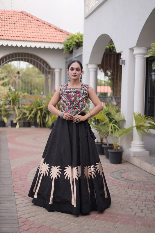 Black Roman Lehenga with Kutchi Gamthi Embroidered Blouse
