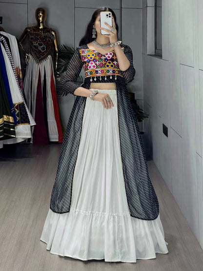 Gujarati Navratri Wine Leheriya Shrug with White Rayon Cotton Frill Lehenga