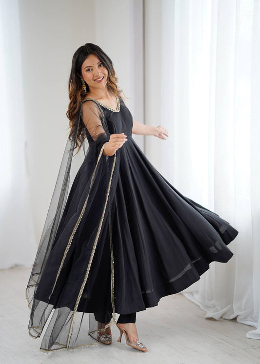 Trendy Black Party Wear Anarkali Suit with Dupatta