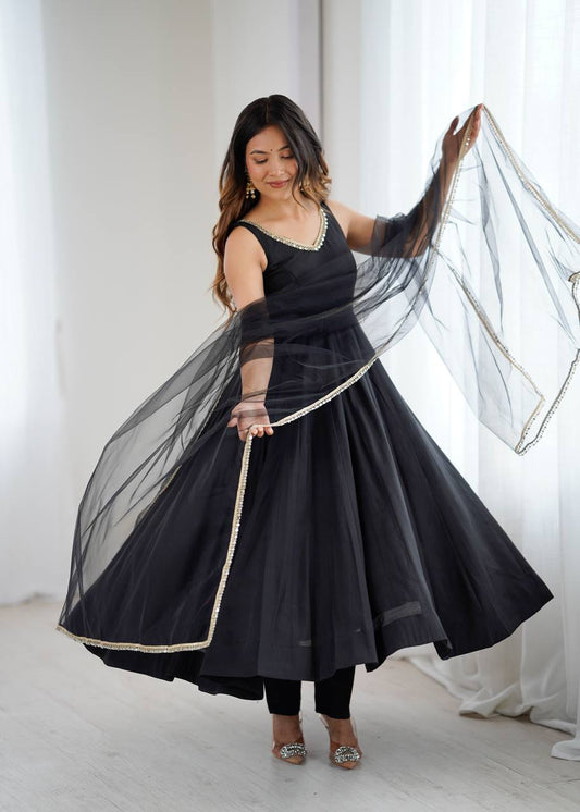 Trendy Black Party Wear Anarkali Suit with Dupatta