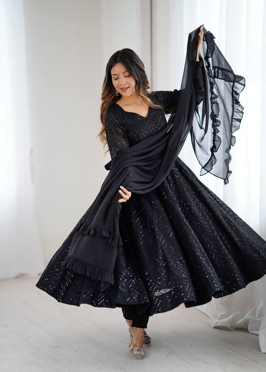 Elegant Black Lucknowi Anarkali Gown with Sequins Embroidery & Ruffle Dupatta