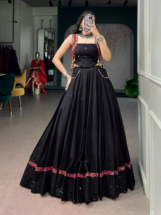 Black Navratri Lehenga Choli with Mirror Work and Kutchi Lace Detailing