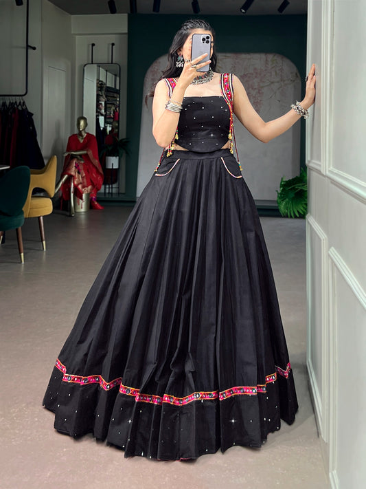 Black Navratri Lehenga Choli with Mirror Work and Kutchi Lace Detailing