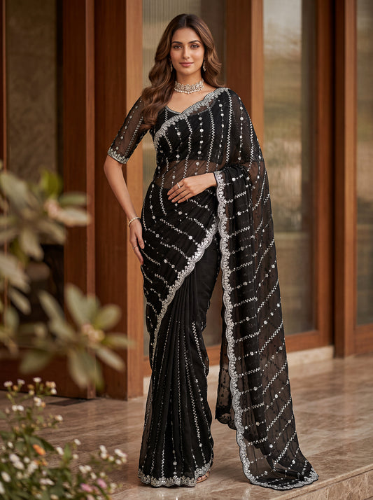 Black Satin Sequins Embroidered Designer Saree with Heavy Blouse