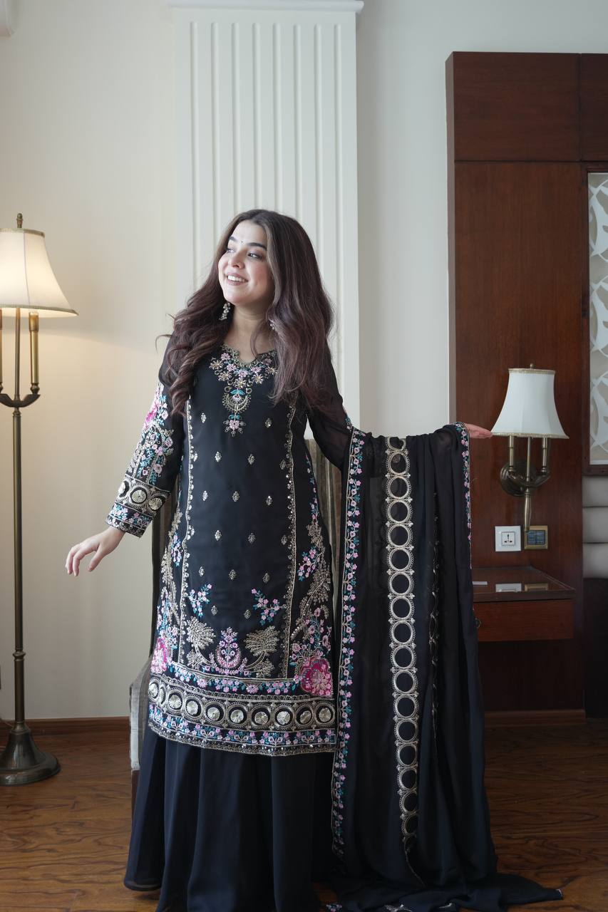 Black Georgette Embroidered Kurti Palazzo Set with Dupatta