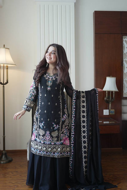 Black Georgette Embroidered Kurti Palazzo Set with Dupatta