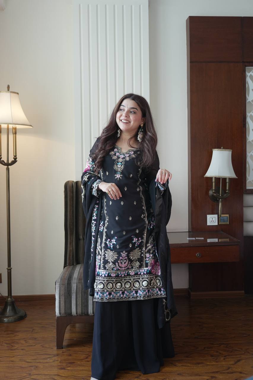Black Georgette Embroidered Kurti Palazzo Set with Dupatta