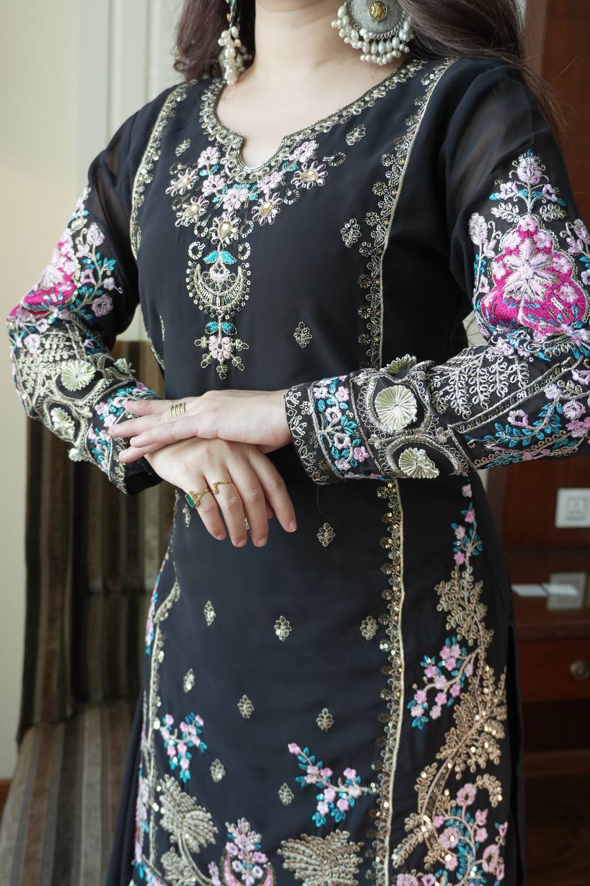 Black Georgette Embroidered Kurti Palazzo Set with Dupatta