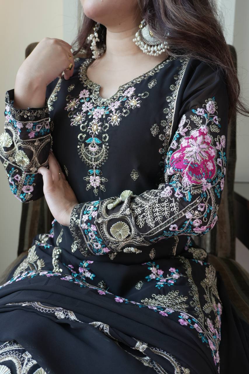 Black Georgette Embroidered Kurti Palazzo Set with Dupatta