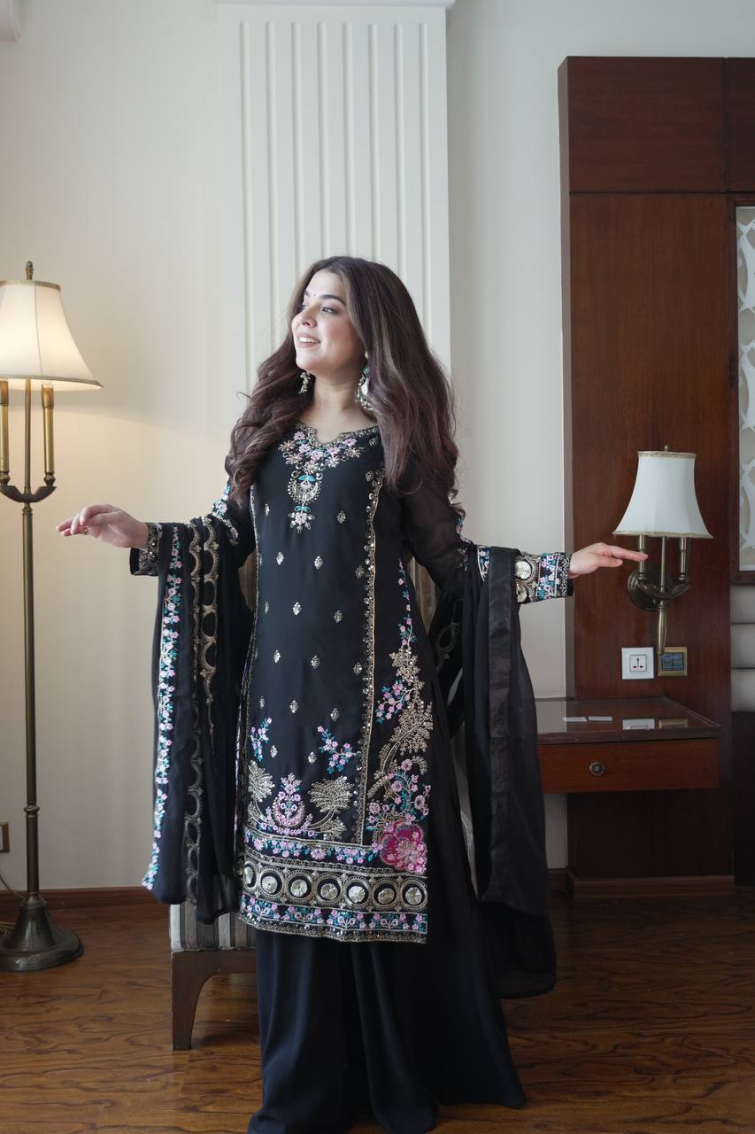 Black Georgette Embroidered Kurti Palazzo Set with Dupatta