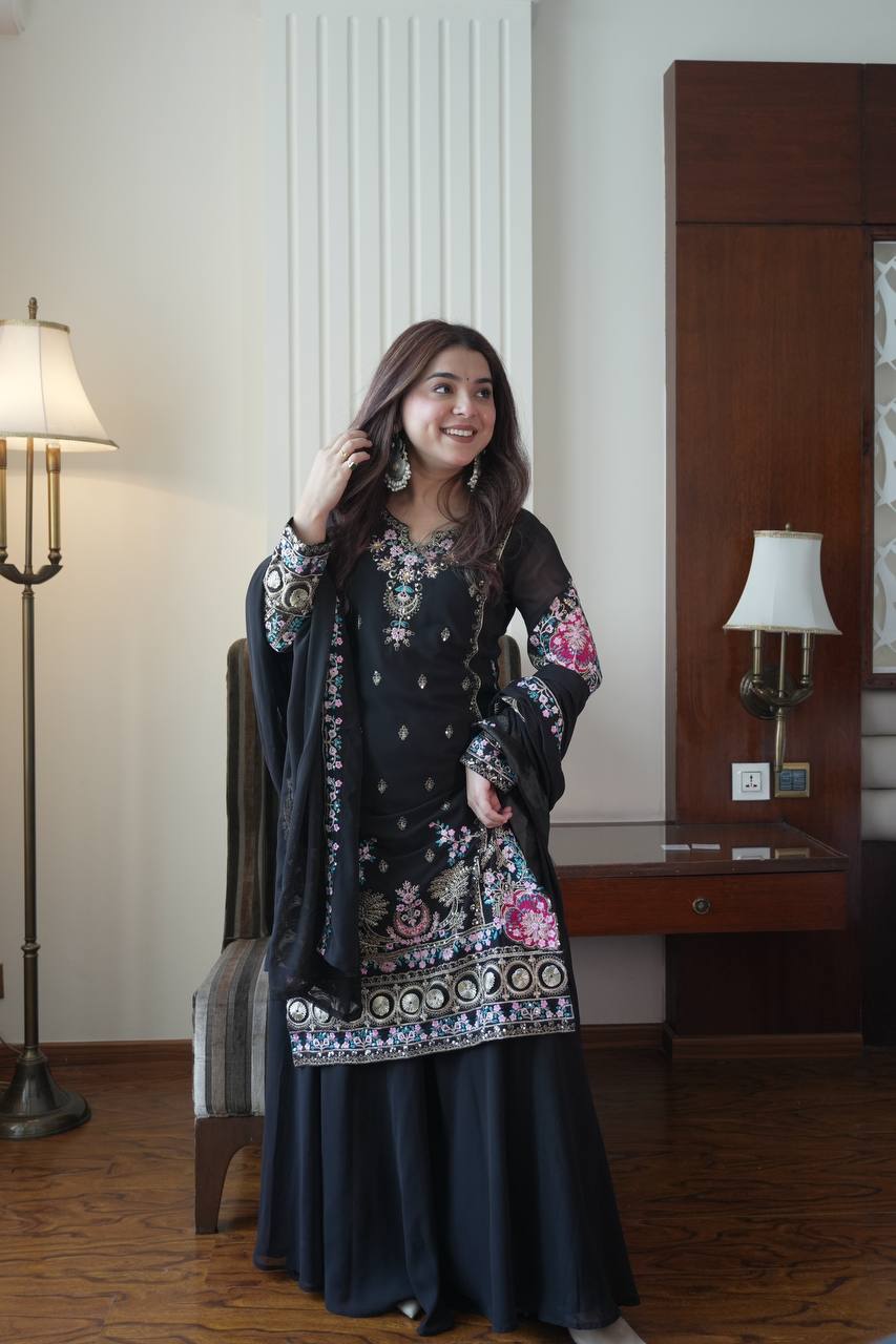 Black Georgette Embroidered Kurti Palazzo Set with Dupatta