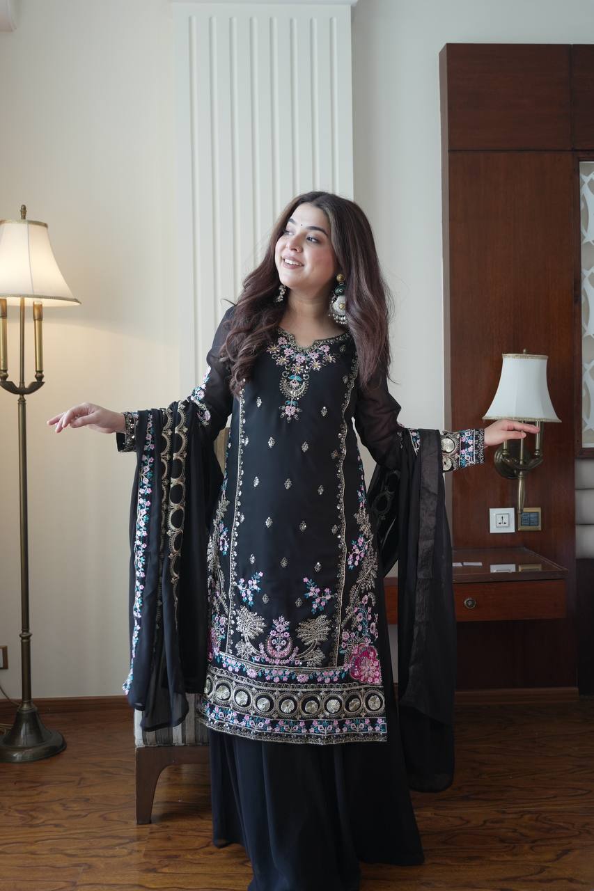 Black Georgette Embroidered Kurti Palazzo Set with Dupatta