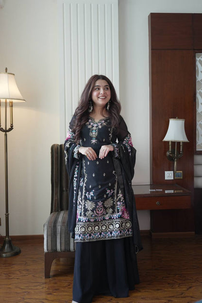 Black Georgette Embroidered Kurti Palazzo Set with Dupatta
