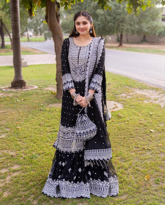 Designer Black Georgette Pakistani Sharara Dress for Weddings & Eid