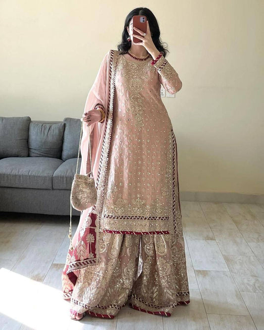 Blush Pink Sequins Embroidered Kurta Sharara Dupatta Set