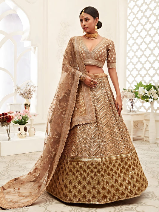 Bridal Gold Designer Lehenga Choli with Heavy Zari & Sequins Work