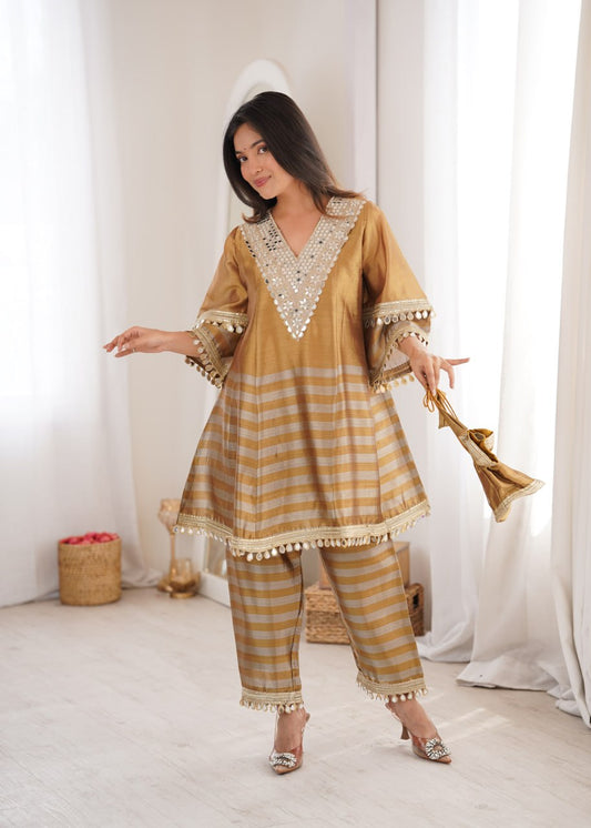 Designer Festive & Party Wear Golden Tissue Co-Ord Set Mirror Work And Batwa