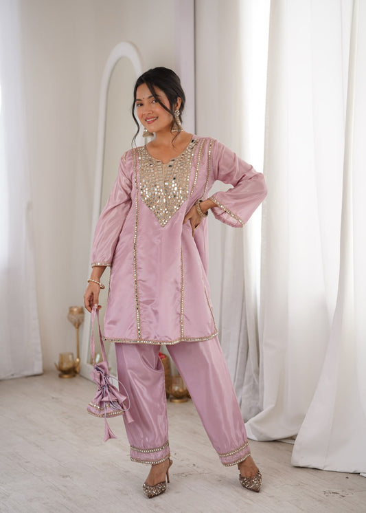 Designer Pastel Pink Mirror Work Co-Ord Set with Batwa