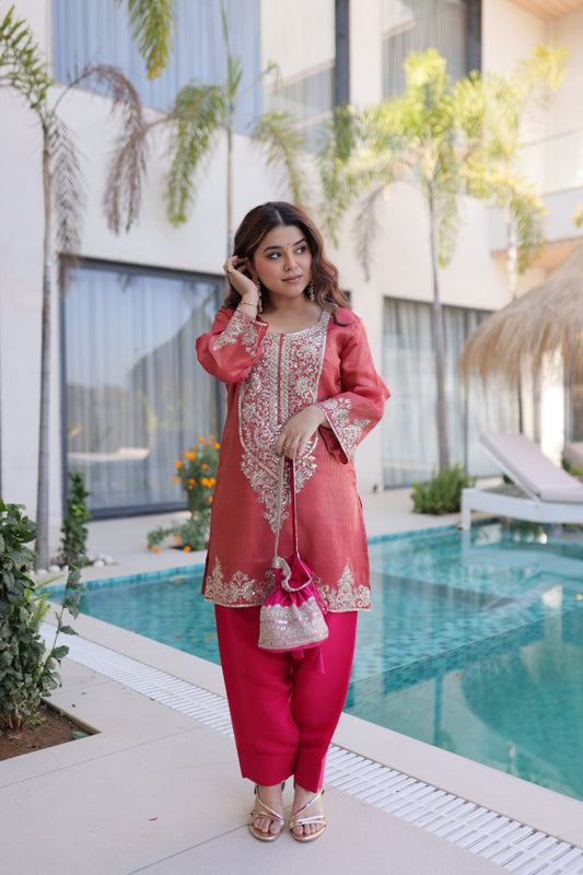 Designer Rust Co-Ord Embroidered Kurti Pant Set with Batwa