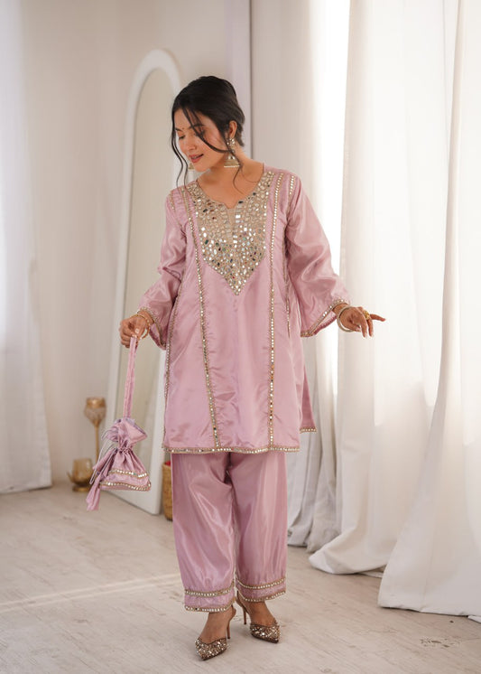Designer Pastel Pink Mirror Work Co-Ord Set with Batwa