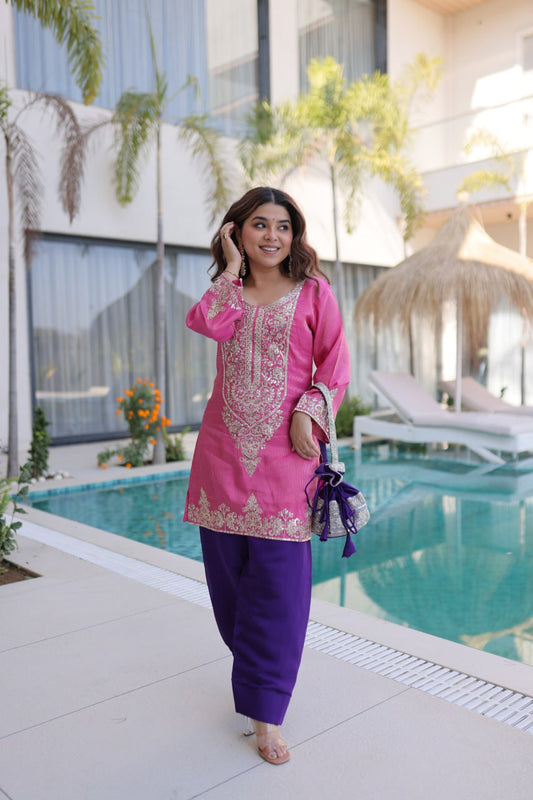 Designer Pink Co-Ord Embroidered Kurti Pant Set with Batwa