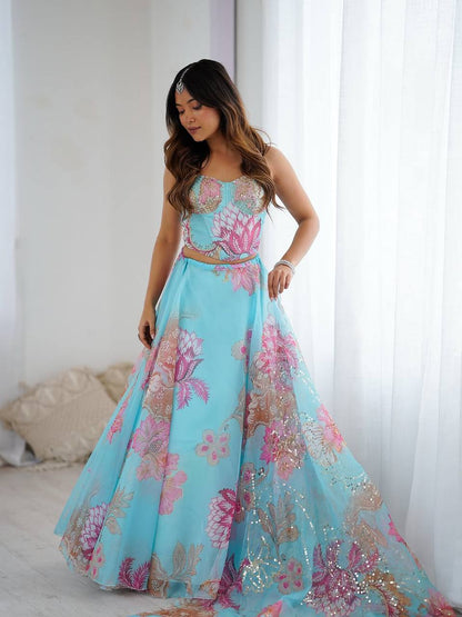Sky Blue Organza Corset Blouse Lehenga with Dupatta and Purse